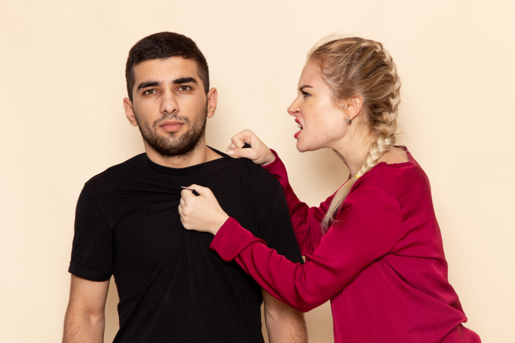 front-view-young-female-red-shirt-quarelling-with-male-cream-space-photo-emotion-domestic-violence